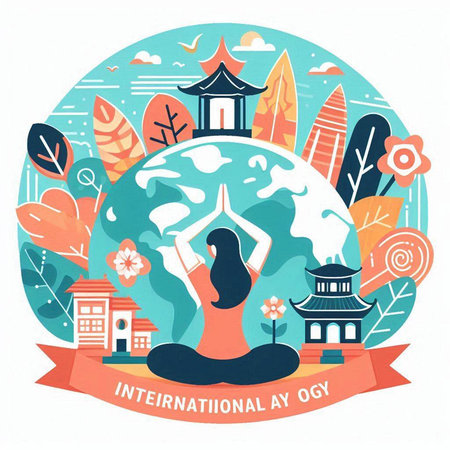 International Yoga Day. Woman meditating on the globe. Vector illustration.のイラスト素材