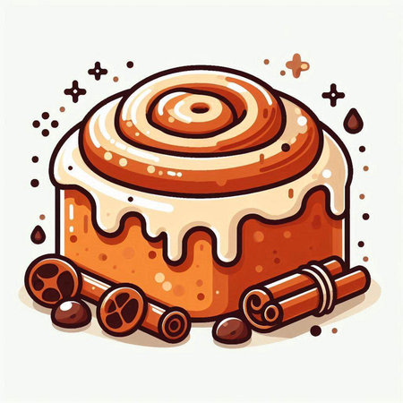 Cinnamon roll with icing sugar and cinnamon sticks. Vector illustration.のイラスト素材