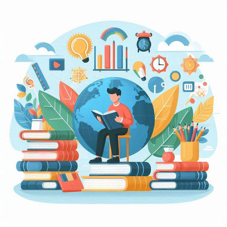 Flat design vector illustration concept of studying and learning. Online education.のイラスト素材