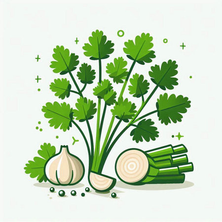 Vector illustration of fresh parsley, garlic and peppercorns.のイラスト素材