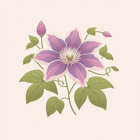 Beautiful blooming clematis with leaves. Vector illustration.のイラスト素材