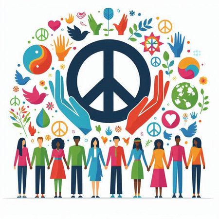 World peace day concept. Group of people holding hands around peace symbol. Vector illustrationのイラスト素材