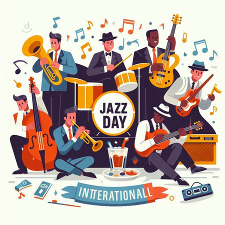 Jazz band flat composition with musical instruments and people characters vector illustrationのイラスト素材