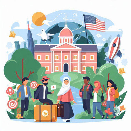 People traveling in USA, United States of America vector illustration. Tourists walking on the campus of United States of America.のイラスト素材