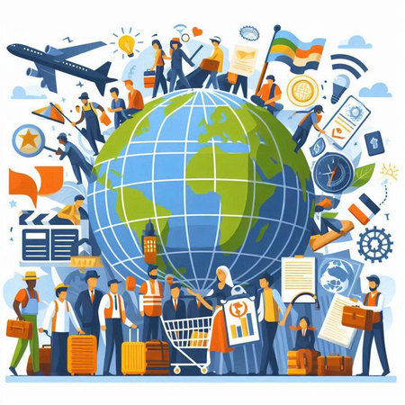 Global business concept. Flat design vector illustration. Global business and international communication.のイラスト素材