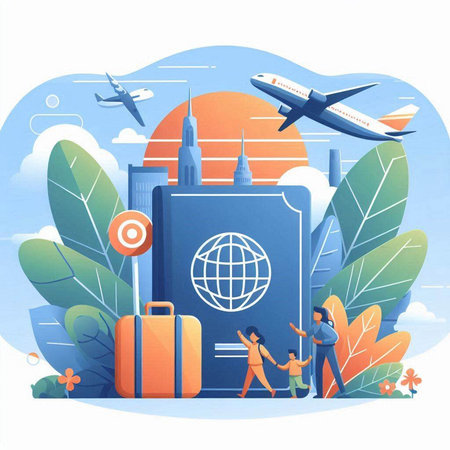 Vector illustration of Traveling and Tourism Concept. People with Luggage, Airplane, Passport and Globe on the Sky Background.のイラスト素材