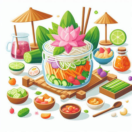Thai food vector illustration in cartoon style. Thai cuisine ingredients.のイラスト素材