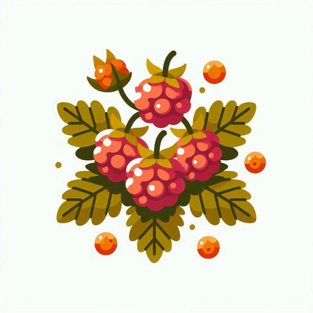 Raspberries with leaves and berries on white background. Vector illustration.のイラスト素材