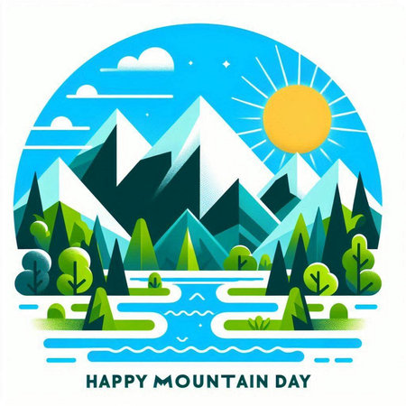 Happy Mother's Day greeting card with mountains and lake. Vector illustration.のイラスト素材