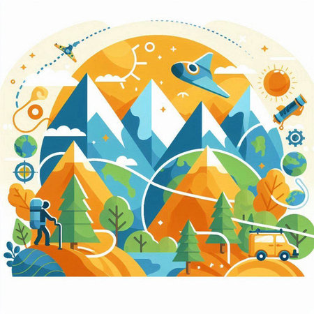Vector illustration of a mountain landscape in the flat style. The concept of travel and tourism.のイラスト素材