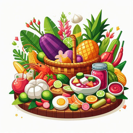 Vector illustration of a basket full of fresh vegetables, fruit and seafood.のイラスト素材