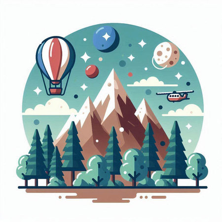 Vector illustration of landscape with mountains, hot air balloon, pine trees and moon.のイラスト素材