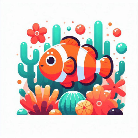 Cute cartoon clownfish in the sea. Colorful vector illustration.のイラスト素材