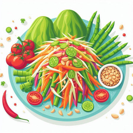 Somtum spicy salad. Vector illustration of papaya salad.のイラスト素材