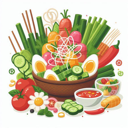 Vegetable salad in wooden bowl with chopsticks. Vector illustration.のイラスト素材