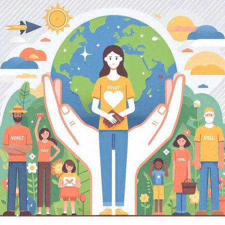 Volunteer concept. Flat design vector illustration. Group of people with planet Earth.のイラスト素材