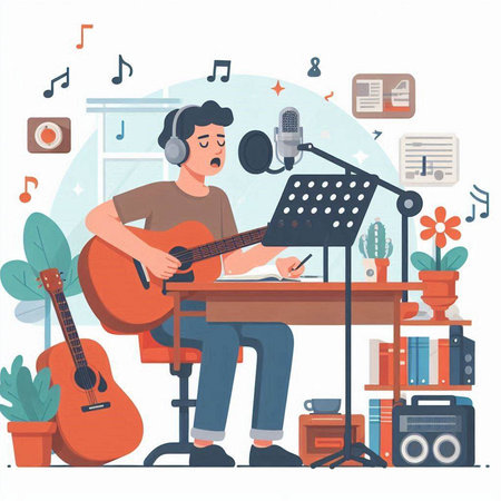 Hipster man in hat sitting at table and playing guitar. Cartoon vector illustrationのイラスト素材