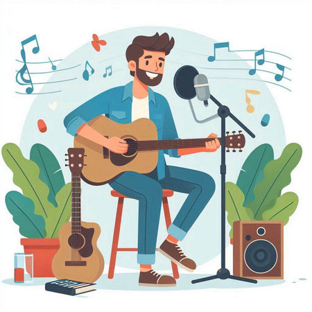 Man playing guitar and singing at home. Flat vector cartoon illustration.のイラスト素材
