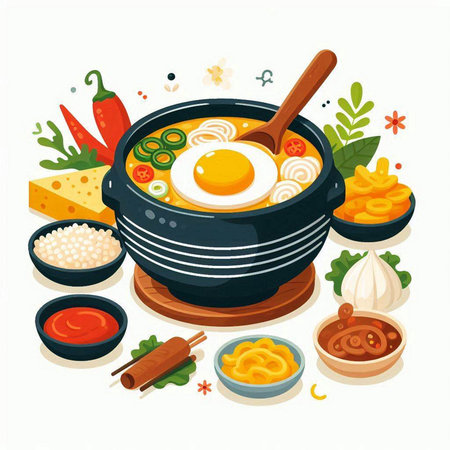 Japanese cuisine vector illustration. Noodles in a pot with a wooden spoon.のイラスト素材