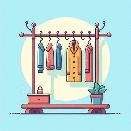 Wardrobe with coat hanging on rack. Vector illustration in flat styleのイラスト素材