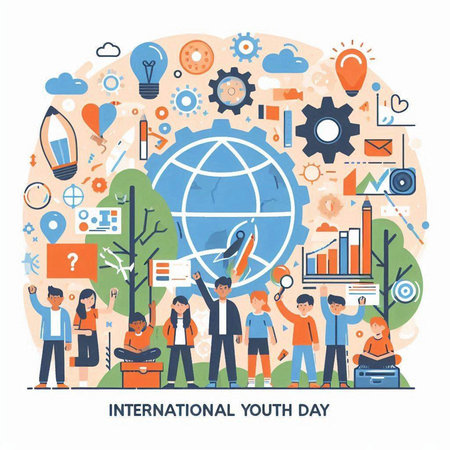 International Youth Day. Group of young people around the globe. Flat vector illustration.のイラスト素材