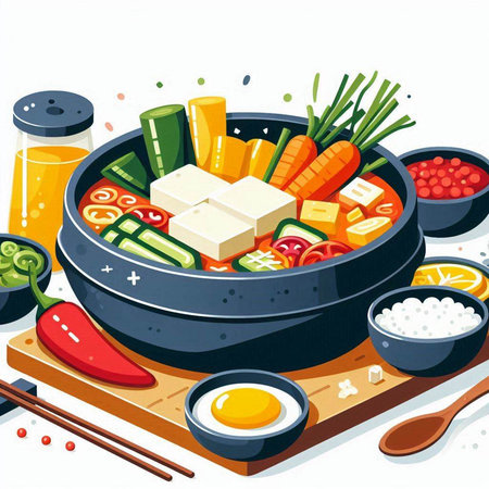 Japanese food in a frying pan. Vector illustration in cartoon style.のイラスト素材
