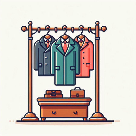Vector illustration of men's coats on a hanger in the wardrobe.のイラスト素材