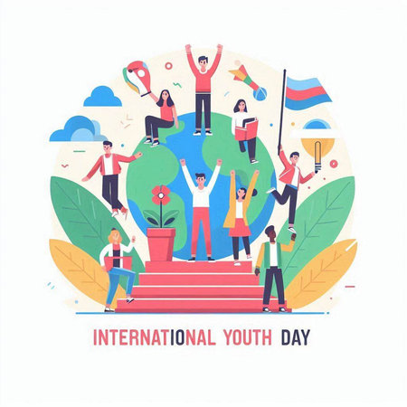 International Youth Day. Group of young people standing on the podium and holding flags. Flat vector illustration.のイラスト素材
