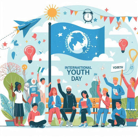 International Day of Peace, Vector Illustration. Group of People Sitting on Bench with Flags, Globe, Laptop, Airplane, Paper Airplane.のイラスト素材