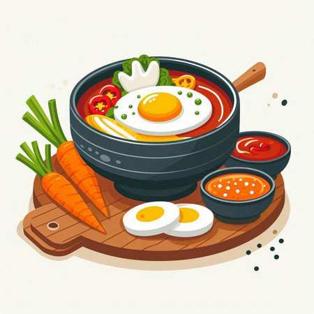 Illustration of a bowl of soup with fried eggs, carrots and ketchupのイラスト素材