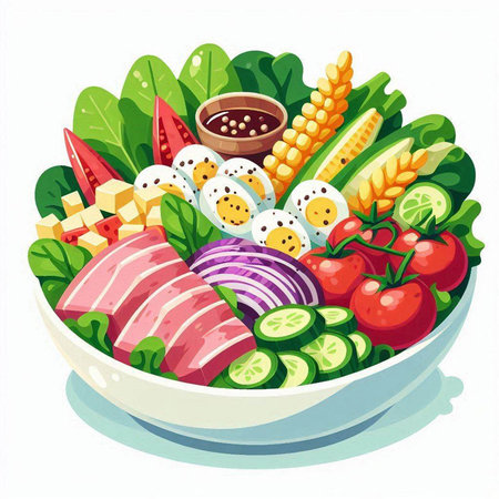Salad with vegetables and meat in a bowl. Vector illustration.のイラスト素材