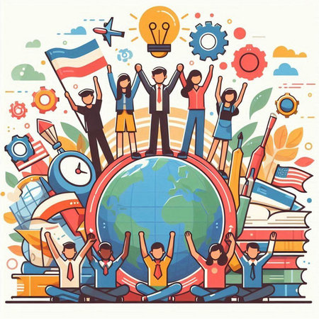 Vector illustration of people around the globe. Concept of education and learning.のイラスト素材