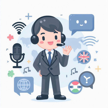 Illustration of a male customer service representative wearing a headset and wavingのイラスト素材