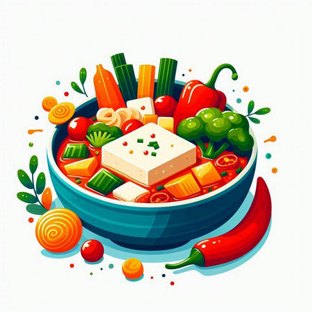 Vegetable salad with tofu in a bowl. Vector illustration.のイラスト素材