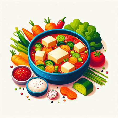 Vegetable soup with tofu and fresh vegetables. Vector illustration.のイラスト素材