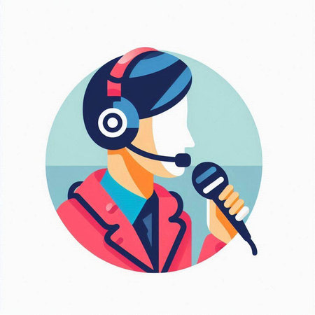 Operator in headphones with microphone. Vector illustration in flat style.のイラスト素材