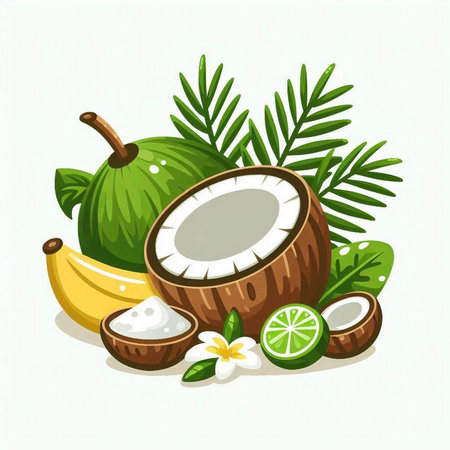 Coconut fruits and leaves on white background. Vector illustration.のイラスト素材