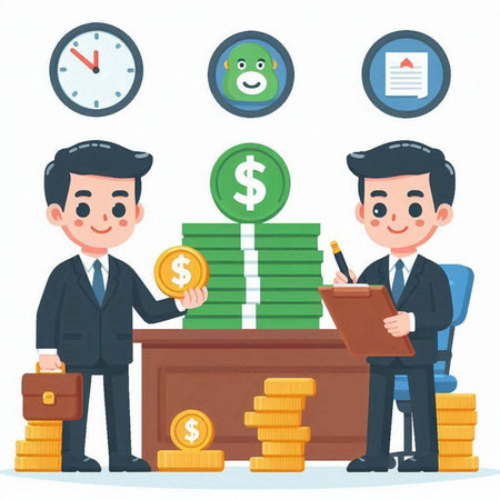 Businessman with money in the office. Vector illustration in cartoon style.のイラスト素材