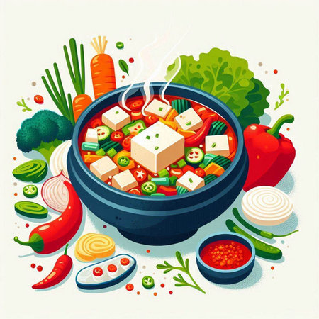 Vegetable soup with tofu and other ingredients. Vector illustration.のイラスト素材
