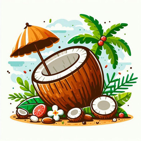 Coconut with umbrella on the beach. Vector cartoon illustration.のイラスト素材