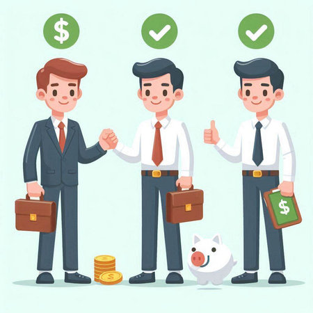 Businessman character. Vector illustration of a businessman character with a briefcase and a piggy bank.のイラスト素材