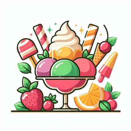Ice cream in a glass cup with fruits and berries. Vector illustration.のイラスト素材