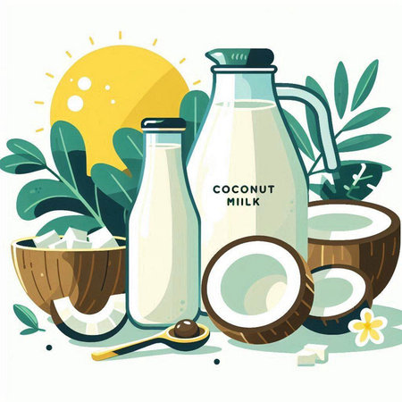 Coconut milk in a bottle and a glass. Vector illustration.のイラスト素材