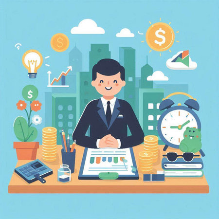 Businessman sitting at the table with money and business icons. Vector illustrationのイラスト素材