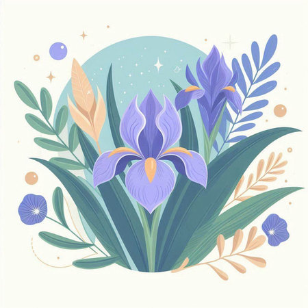Blue iris flowers and leaves. Vector illustration in flat style.のイラスト素材