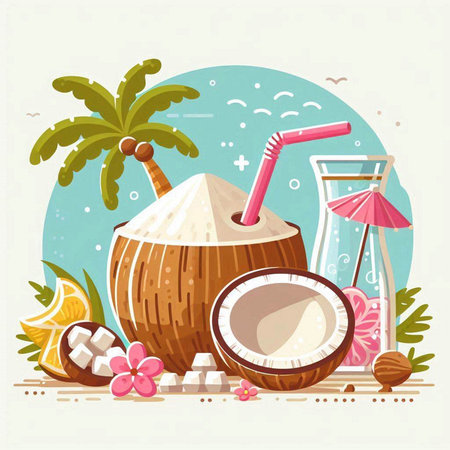 Illustration of a coconut cocktail on the beach. Vector illustration.のイラスト素材