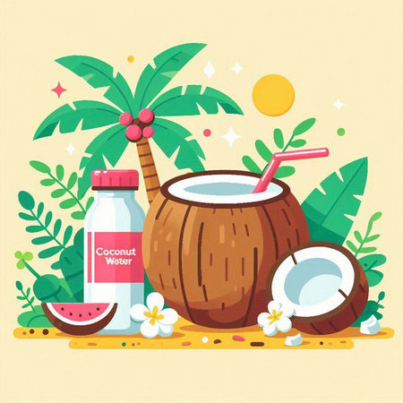 Coconut drink vector illustration, flat style. Coconut water bottle, tropical palm leaves and flowersのイラスト素材
