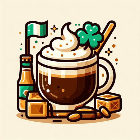 Coffee latte vector illustration. Cappuccino with whipped cream, gingerbread, clover leaf, bottle of beer and flag of Irelandのイラスト素材