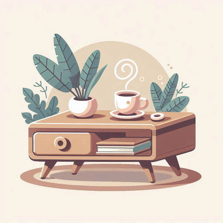 Coffee table with coffee cup and plant. Vector illustration.のイラスト素材