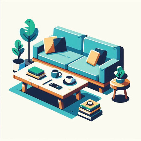 Living room interior with sofa, coffee table and books. Vector isometric illustrationのイラスト素材